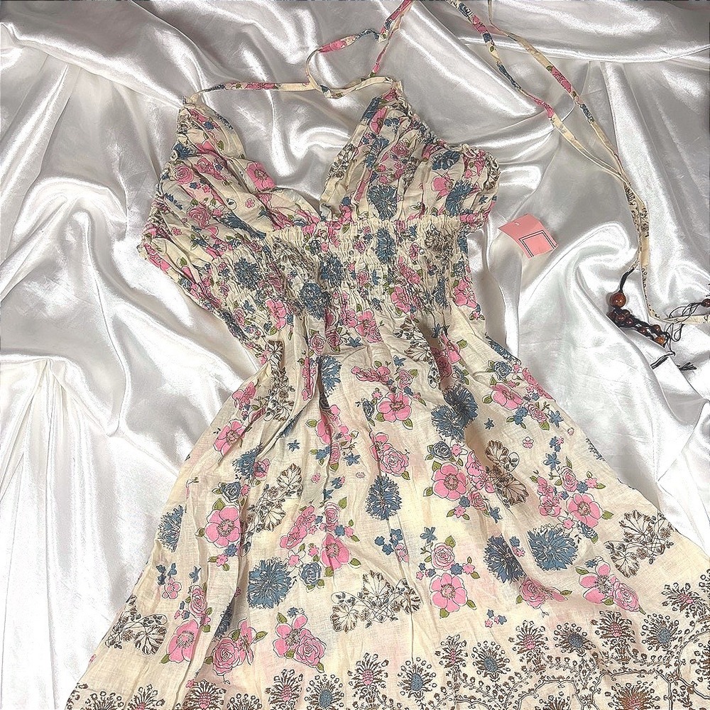y2k Halter Dress Cream Excellent Floral Smocked Cotton Nalia Mini Boho